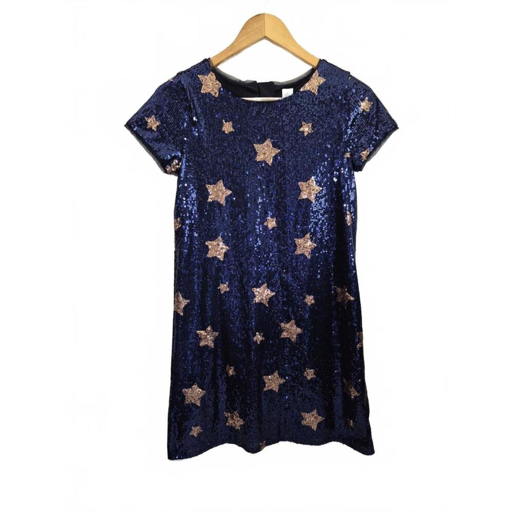 Gap Kids Girls Short Sleeve Navy Blue Sequin Straight Dress Pink Sequin